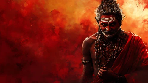 Ashen-eyed mystic strides through a storm of embered dusk