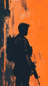 Silhouetted soldier with rifle against bold orange backdrop.