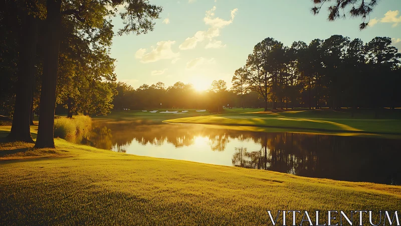Sunlit fairway dreams shimmer beside a glassy lakeside green.