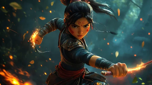 Elemental warrior in dynamic mid-strike, volumetric-lit forest.