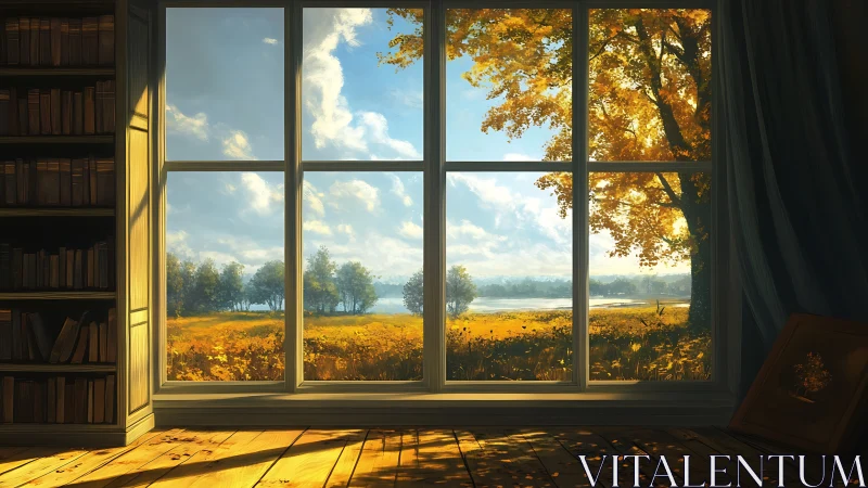 Sunlit autumn meadow beyond a quiet, book-lined window.