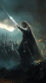 Battle-hardened warrior raises sword before storming army.