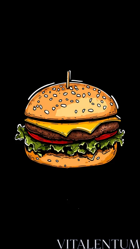 Illustrated cheeseburger is centered on a plain black background