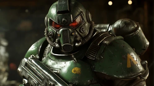 Armored wasteland sentinel with crimson visor glare stands poised.