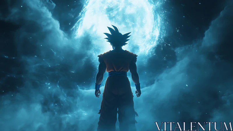 Heroic fighter bathed in glowing cosmic moonlight.