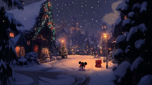 Nighttime snowy village street with festive Christmas lights