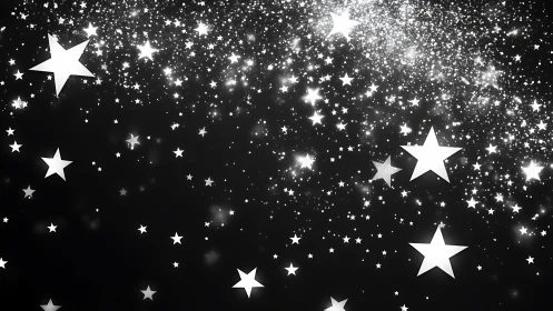 Glowing white stars drift across a dreamy midnight sky