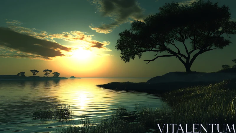 High-contrast lakeside sunset with silhouetted shoreline trees