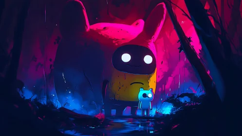 Cartoon creatures in neon lit forest with reflective water.