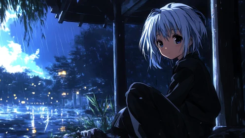 Nocturnal lakeside shelter with reflective anime solitude.