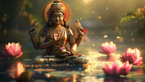 Divine goddess statue over lotus pond in golden light.
