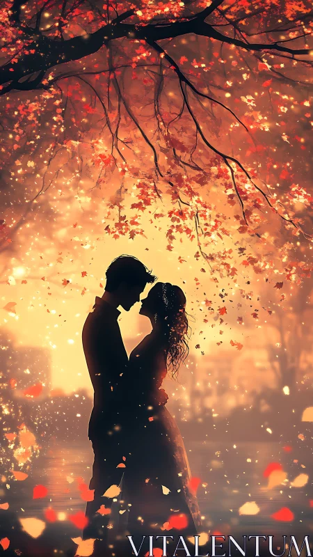 Silhouetted Couple Embracing Under Autumn Foliage Canopy