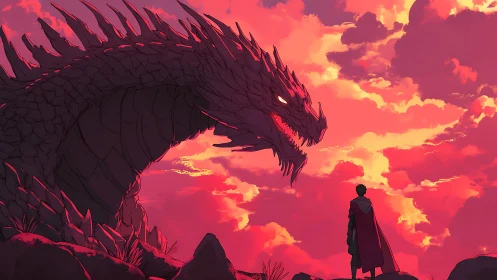 Warrior confronting dragon under vivid red sunset sky.