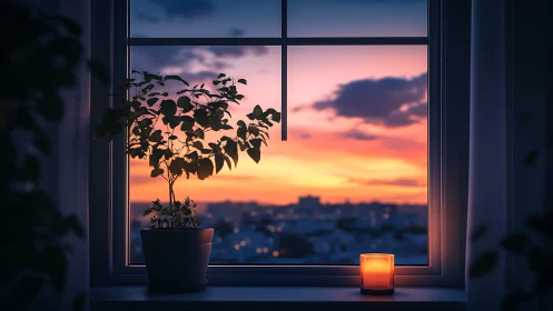 Potted plant and candle frame vivid city sunset through window