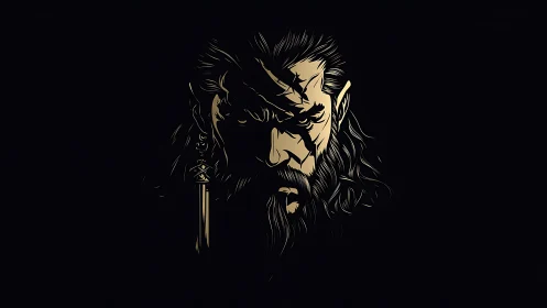 Stylized male warrior portrait emerges from deep black background