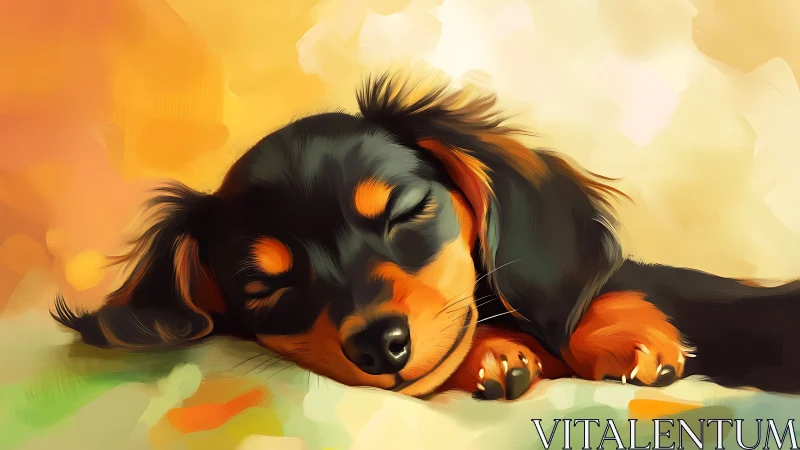 Digital painting study of sleeping dachshund under warm bokeh glow.