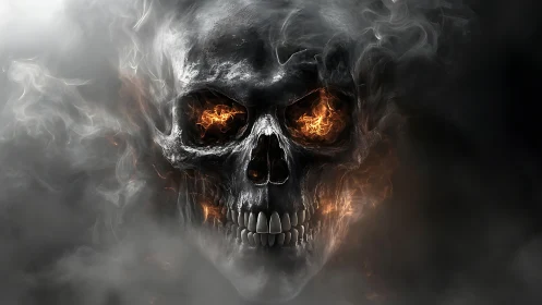 Fiery skull emerges from swirling smoke in dark void