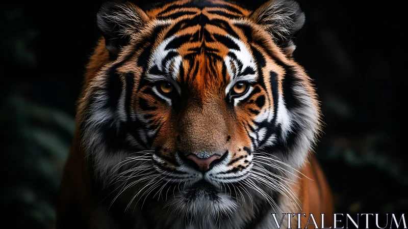 Tiger portrait shows frontal head view with dark background