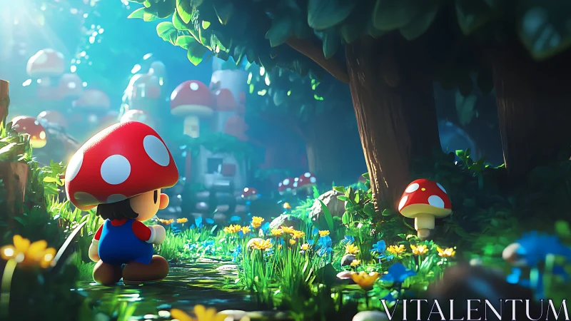 Mushroom-capped child explores a glowing fantasy forest path.