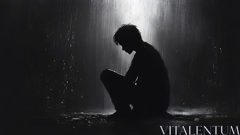 Backlit seated silhouette in heavy rain with high contrast lighting