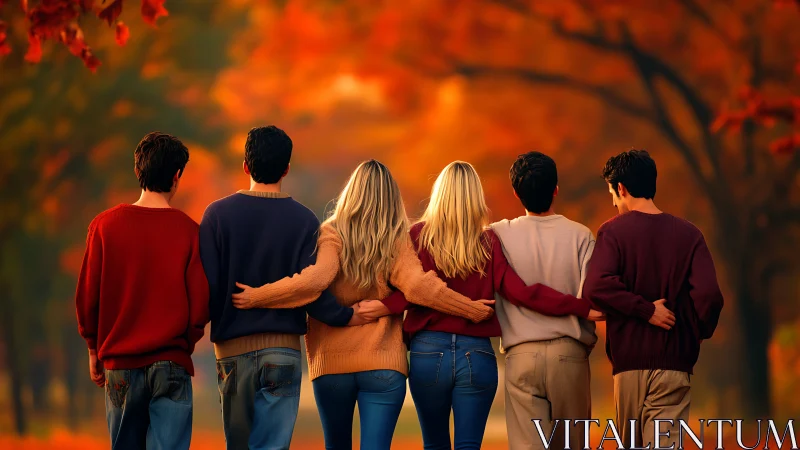 Friends walking together through colorful autumn park.