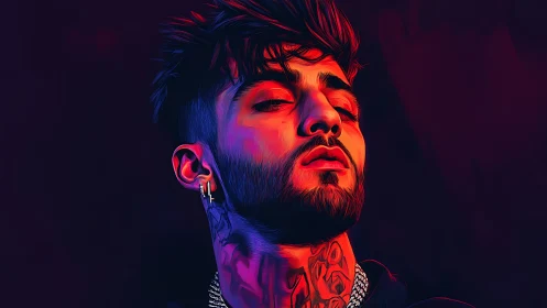 Neon portrait of tattooed man with intense upward gaze.