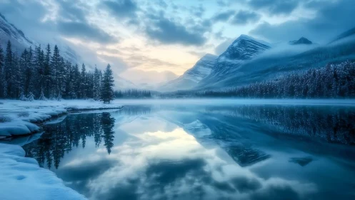 Snow covered mountain lake with mirrored reflection.