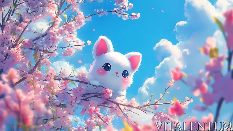 Cherry blossoms crown a fluffy sky-kitten in pastel daylight