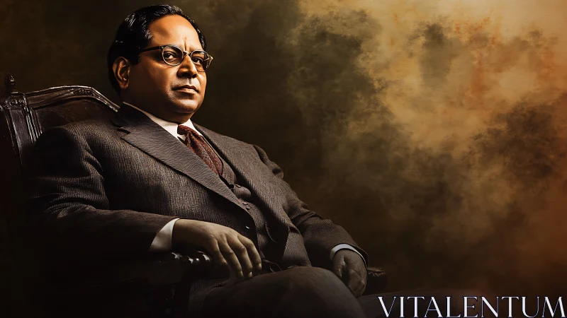 Seated man in formal suit rests in wooden chair, side-lit