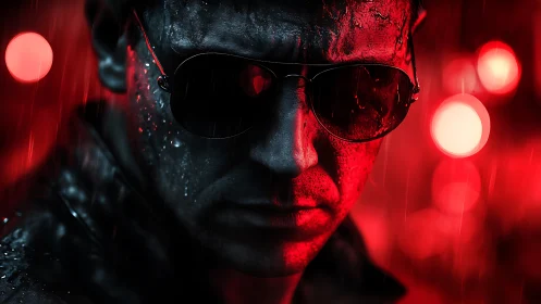 Noir subject in red bokeh field under directional rain lighting.