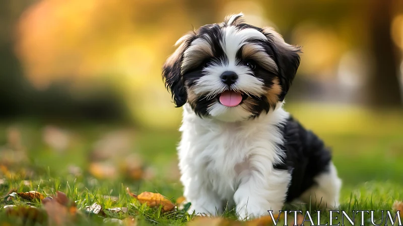 Fluffy tricolor puppy explores sunlit autumn grass meadow.