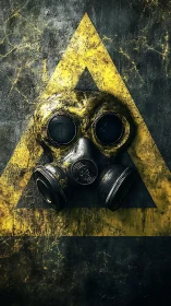 Gas mask on distressed radioactive warning background.
