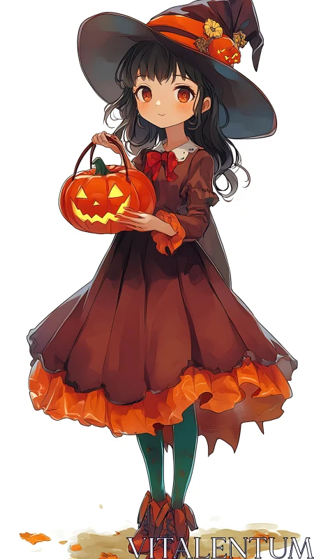 Young anime witch holds glowing pumpkin lantern calmly