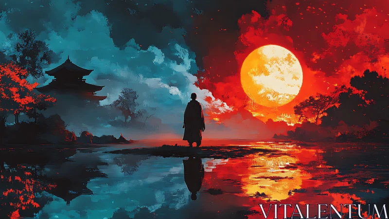 Bipolar chromatic landscape with lone figure and solar disc.