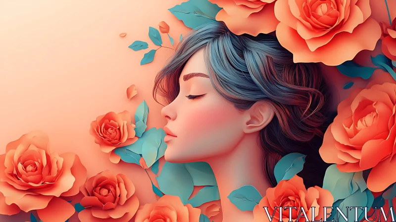 Side-profile portrait integrates stylized roses and gradient foliage