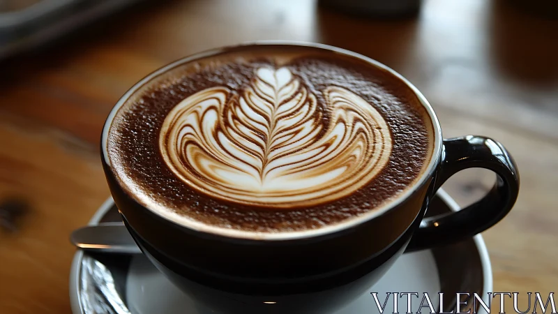 Latte art forms a symmetrical rosette in a black cup