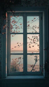 Sunset sea view framed by vintage window and blossoms.