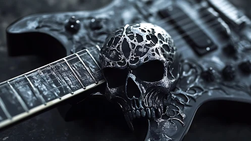Skull-adorned electric guitar glowing with dark metal flair.