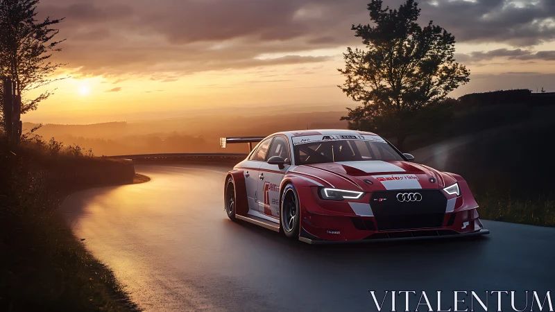 Audi race car powers through sunset mountain road.