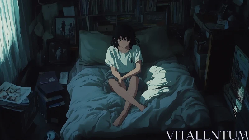 Quiet morning thoughts in a softly lit anime bedroom.