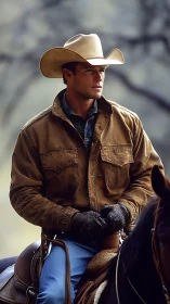 Cowboy in brown jacket on horseback against blurred backdrop.