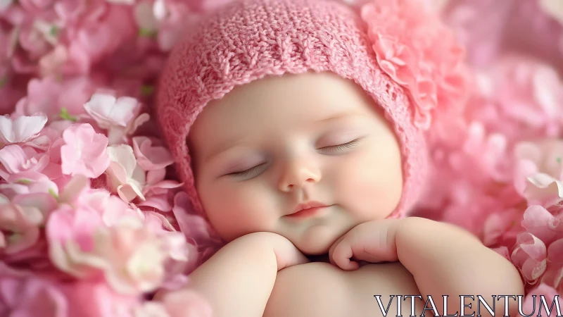 Sleeping newborn in pink floral blanket of petals.