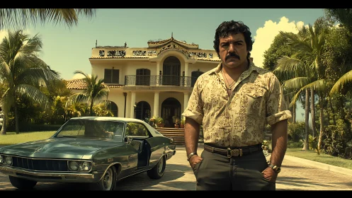 Man stands before luxury villa and vintage car in hot light
