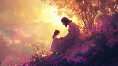 Sunlit garden blessing between gentle guardian and child.