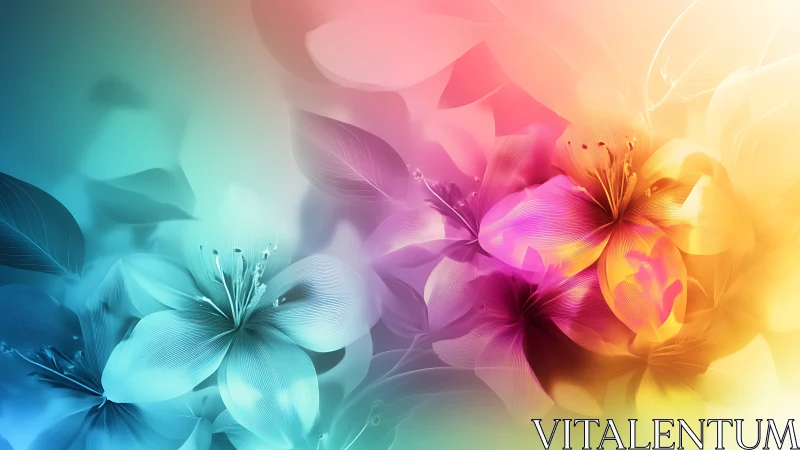 Gradient-lit translucent blossoms with multicolor bokeh diffusion.