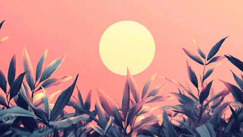 Neon dusk sun over stylized tropical foliage silhouettes.