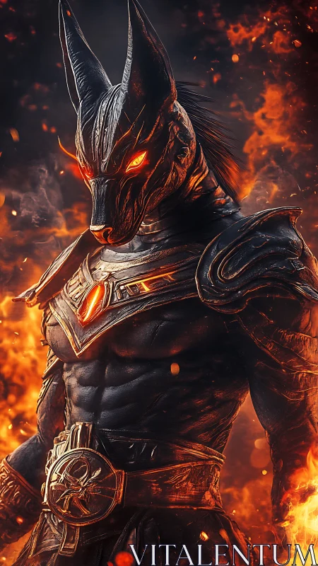 Mythic jackal war-god rises in armor amid blazing firestorm.