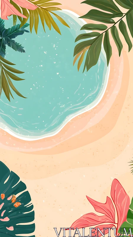 Tropical lagoon illustration with lush foliage framing shore.