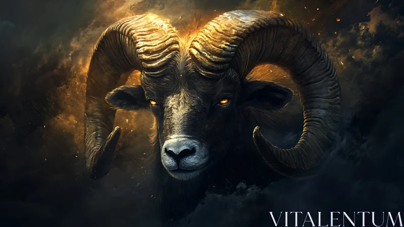 Ram head with glowing eyes in dark fiery clouds background.