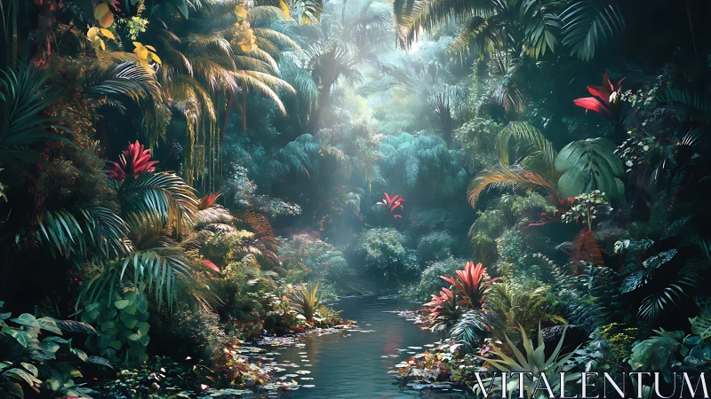 Dense tropical river gorge with layered rainforest canopy.